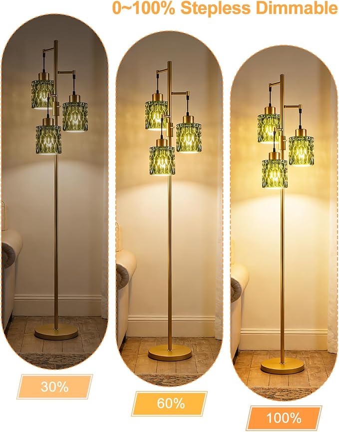 Lightdot 67" 3-Light Glass Floor Lamp for Living Room, Dimmable with Green Glass Shade & E12 Bulbs Included, Mid Century Standing Tall Lamp with 5Lbs Heavy Base for Bedroom/Sofa Beside/Corner - Gold
