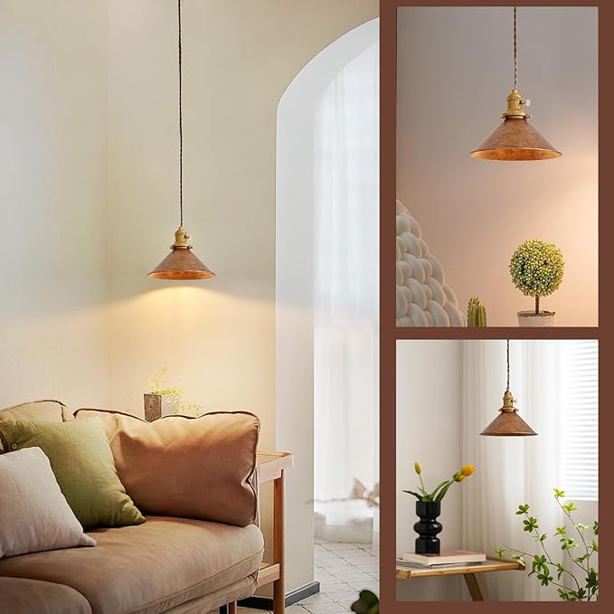 Rusted Copper Kitchen Hanging Lights 8.2 Inch Industrial Lampshade Retro Farmhouse Pendant Light for Bedroom Barn and Bar Foyer Lighting Fixtures 2 Pack