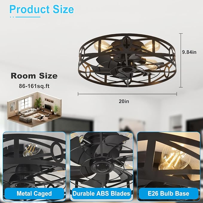 Depuley Flush Mount Ceiling Fan: 20" Caged Ceiling Fans with Remote Control for Patio Kitchen Bedroom - Low Profile Fandelier Lights Fixture Reversible 6 Speed Timer Black 4*E26 Bulb Not Included