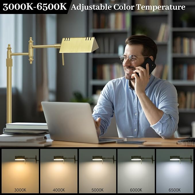 Bairth Light Gold Reading Floor Lamp, Dimmable Pharmacy Standing Lamp | 3 Color Temperature, Dimmable, 17W LED, Height Adjustable, 360°Swing Arm, for Living Room, Bedroom, Office, Craft & Sewing
