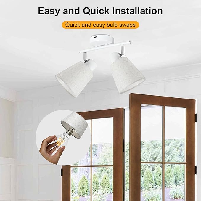LTBLIGHT 2-Light Track Lighting, Flexible Adjustable Ceiling Light with White Linen Shade, Simplicity Spotlight for Bedroom Art Display Vanity, E26 Base (Bulbs Not Included)