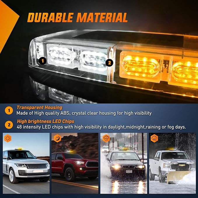 Nilight 12 Inch Roof Top Strobe Lights, 48LED Hazard Light Emergency Safety Warning LED Flashing Light Bar Magnetic Mount, 12V-24V Cars Trucks Tractors Snow Plows Construction
