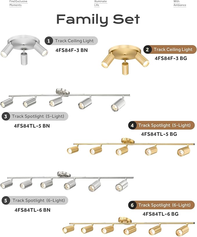 FEMILA 3 Light Track Lighting Kit, Brushed Nickel Round Ceiling Spotlight, 3000K Bulbs Included, LED Track Light for Living Room, Bedroom, Entryway, 4FS84F-3 BN