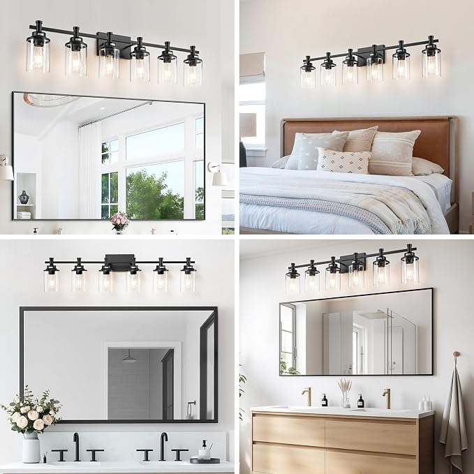 Modern Black Bathroom Vanity Lighting Over Mirror, 6 Lights with Clear Glass Shade, Metal Vanity Light Fixture for Bathroom, Bedroom, Living Room