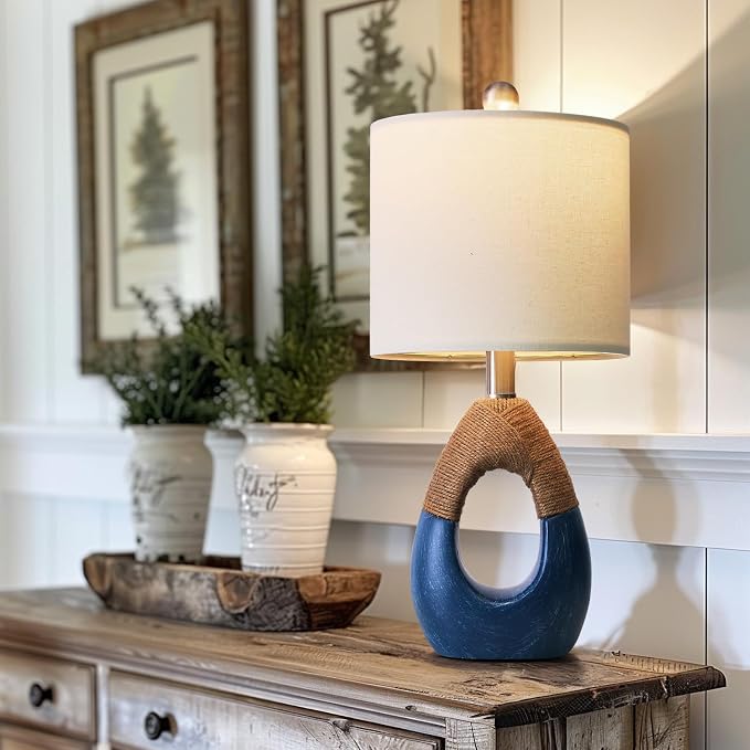 19" Table Lamp for Living Room,Boho Lamp for Bedroom, Bedside for Nightstands, Suitable for Small Space,Coastal Farmhouse, End Table, Rattan Nautical Beach Style, Blue,1 Pack