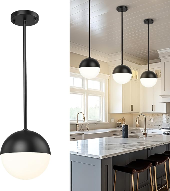 8-inch Black Pendant Lights Kitchen Island, Modern Globe Pendant Light with Frosted Glass, Contemporary Mid Century Hanging Light Fixture for Kitchen Island Sink Bedroom Bathroom, LMS-186
