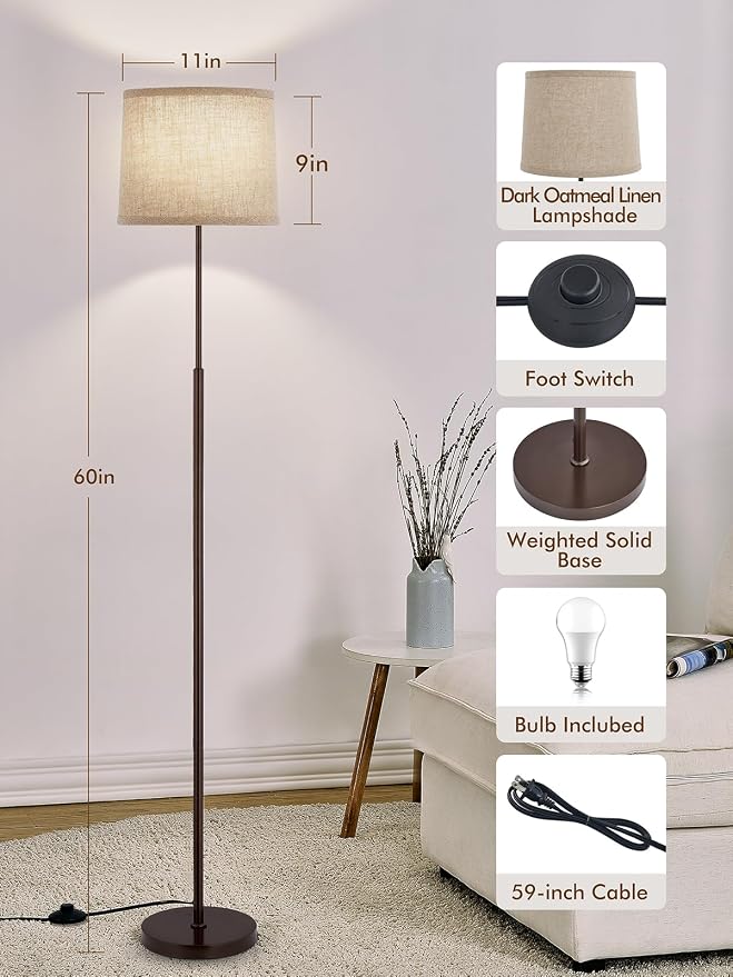 60" Modern Floor Lamp for Living Room Bedroom, Standing Lamp with Oatmeal Linen Lampshade, Tall Lamp with A19 9W 3 Color Temperature Bulb, Foot Switch Control, Brown
