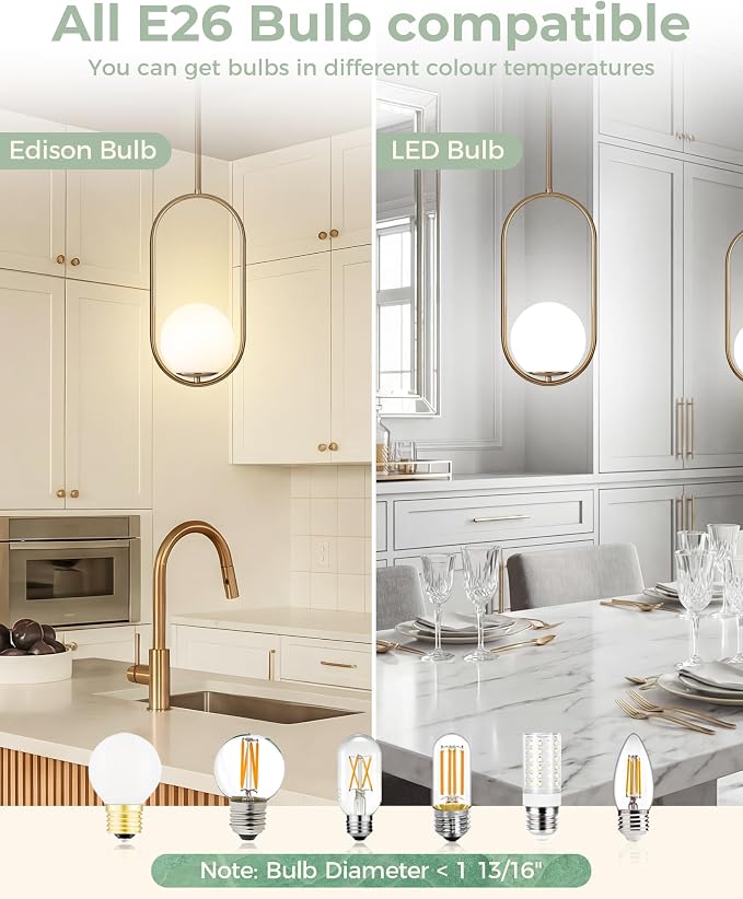 Majade Pendant Lights Kitchen Island, Mid Century Modern Pendant Light Fixtures, 2 Pack Champagne Bronze Globe Glass Pendant Lighting, Brass Chandelier Adjustable Hanging Light for Kitchen Island