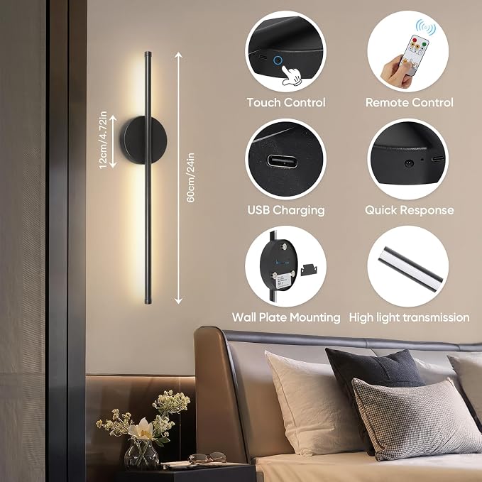 Battery Operated Wall Sconces Set of Two, Wireless Wall Sconces 24 Inch | Rechargeable, Remote Control, Dimmable, Cordless Wall Light Decor for Living Room, Bathroom, Hallway, Timing, Black