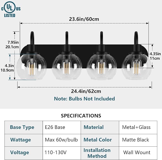 Dpyrrhic Industrial Bathroom Vanity Light， 4-Light Bathroom Lights Over Mirror with Clear Glass Globe Shade and Metal Base, Matte Black Bathroom Vanity Light Fixture