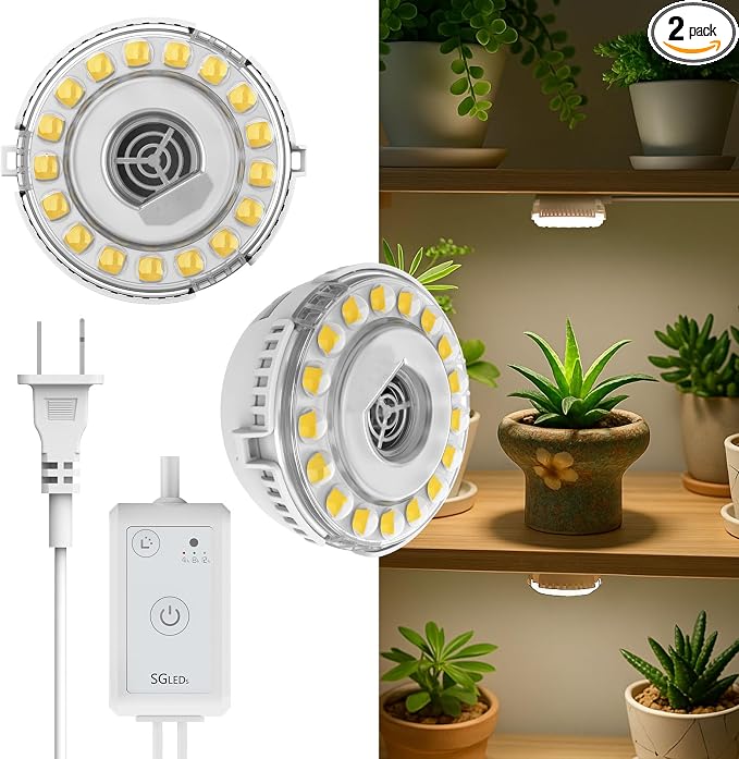 Puck Grow Lights for Indoor Plants, Dual 5W+5W Heads with Timer | Timer supports 4-, 8-, or 12-hour cycles with four brightness levels.