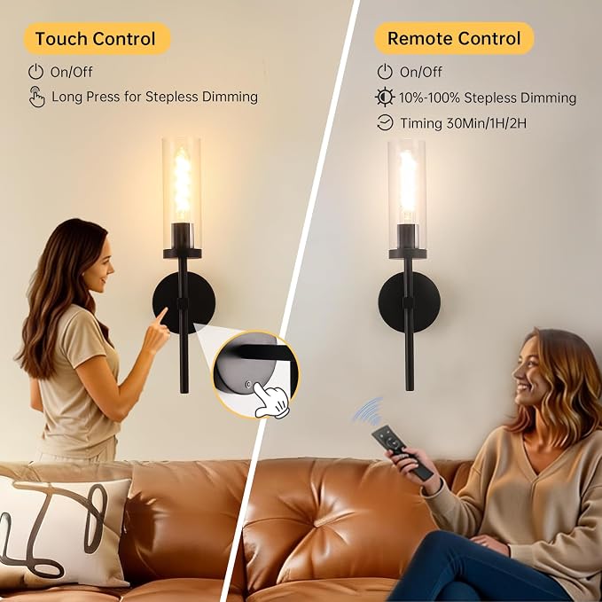 Shenmoyl Battery Operated Wall Sconces Set of 2, Black Rechargeable Wall Lighting Fixtures, Dimmable Wall Lights with Remote & Clear Glass Shade for Living Room, Bathroom,Bedroom