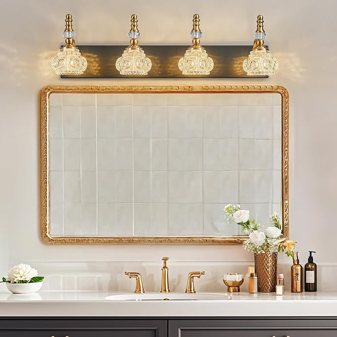 Bathroom Light Fixtures, Modern Glass Crystal Bathroom Vanity Light Vintage Bathroom Lighting Fixtures Over Mirror 4 Light Vanity Lights G9 Bulb (27.55 Inch, Black Gold)