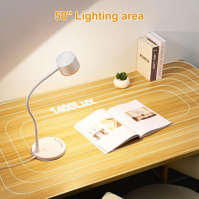 LiFMIRA Desk lamp with USB Charging Ports, Touch Control Desk Light White | Reading Lamp for Home Office, 5 Color Stepless Dimming Study Lamps Reading Light Table Lamp for Bedroom Bedside Dorm Room