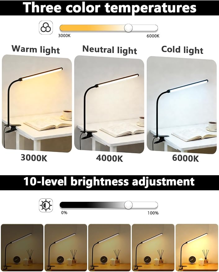 2 Pack LED Clip On Reading Light,Desk Lamp with Clamp,Clip On Table Light Bar,Curved Monitor Light Bar for Home Office,Bedside Bedroom Lamp,Dormitory Study Light,Workbench Task Lighting