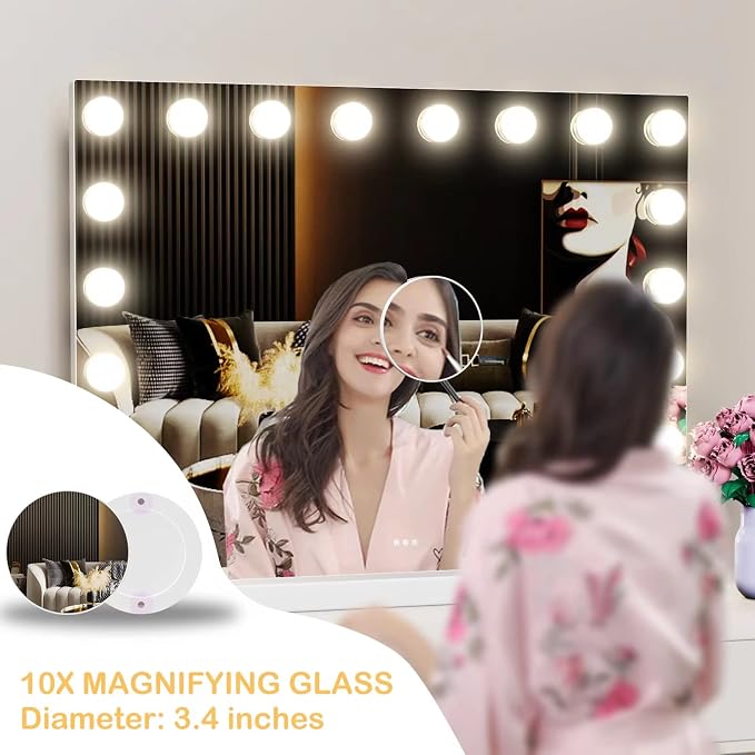 Gvnkvn Vanity Mirror with Lights Lighted Makeup Mirror with 15 Dimmable LED Bulbs,3 Color Lighting Modes,USB Charging Port Touch Control,Sturdy Metal Frame Design 24x18 Inch,White