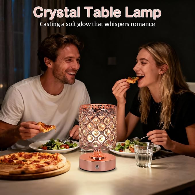 Rose Gold Crystal Rechargeable Cordless Table Lamp, Touch Small Desk Lamp | 6000mAh Battery, 3 Color Temps, Stepless Dimming, USB Charging, Portable Wireless Night Light for Bar Bedroom Living Room