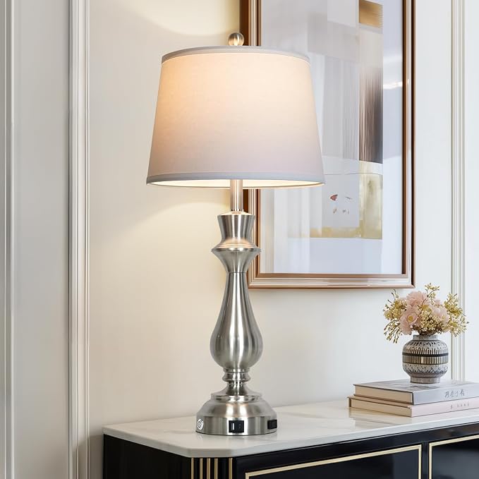 Modern Silver Table Lamp for Living Room,30" Tall Bedside Lamp with USB Charging Port,3-Way Dimmable Touch Nightstand Lamp for Bedroom Desk Side Table Office,Silver-1P