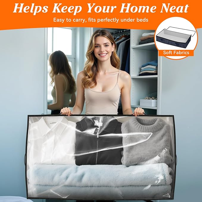 90L Under Bed Storage Containers, Storage Bags, Organizers, 8-Pack, Blue | Foldable, Soft Fabric, Closet Organizers, Reinforced Handle, Label Holder, Clear Window, for Comforters, Clothing, Blankets