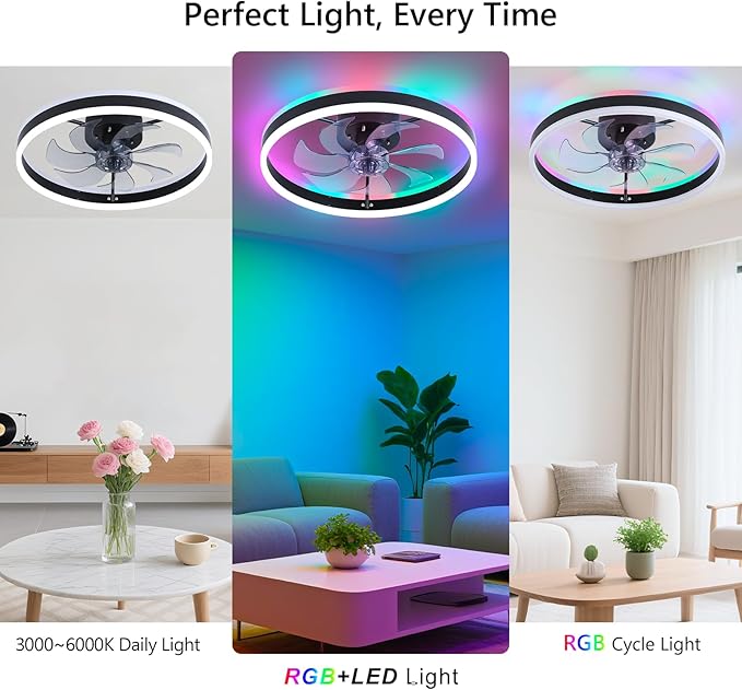 RGB Ceiling Fan with Light, 20'' Low Profile Ceiling Fans, Black Flush Mount LED Fan Light with Remote Control, Modern Bladeless Fandelier for Bedroom, Living Room, Kitchen