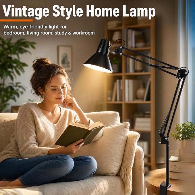 Black Desk Lamp with Clamp, Extra-Tall Adjustable Metal Swing Arm, 3000K | Manicurist Table Lamp for Nail Work, Drafting, Sewing, Crafting, College Dorm and Home Office, A19 Bulb Included
