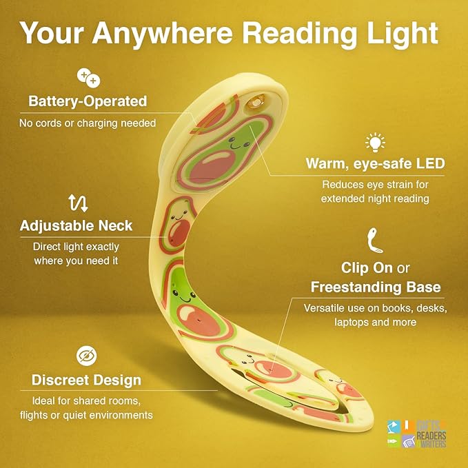 Gifts for Readers & Writers Book Light, Clip On Reading Light for Bed, 2in1 Flexilight & Bookmark, Small & Lightweight with a Soft Glow, 2 Batteries Included, Avocado