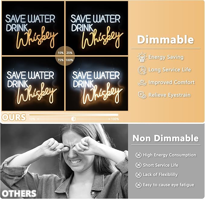 Save Water Drink Whiskey Neon Sign, Neon Signs for Wall Decor, Dimmable Led Signs for Bedroom, Light Up Signs for Home Bar Man Cave Pub Restaurant Bistro Club Birthday Party Decorations Gifts