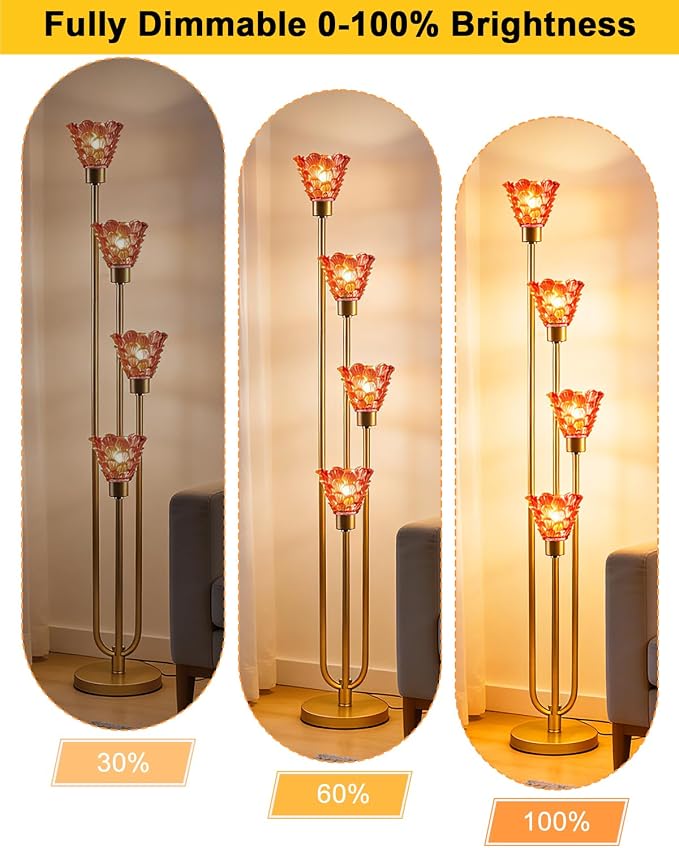 4-Light Modern Glass Floor Lamp, Gold Tall Standing Lamp with Deep Red Flower Glass Shade, Dimmable LED Floor Lamp with Line Control &5Lbs Heavy Base for Living Room Bedroom, Bulb Included
