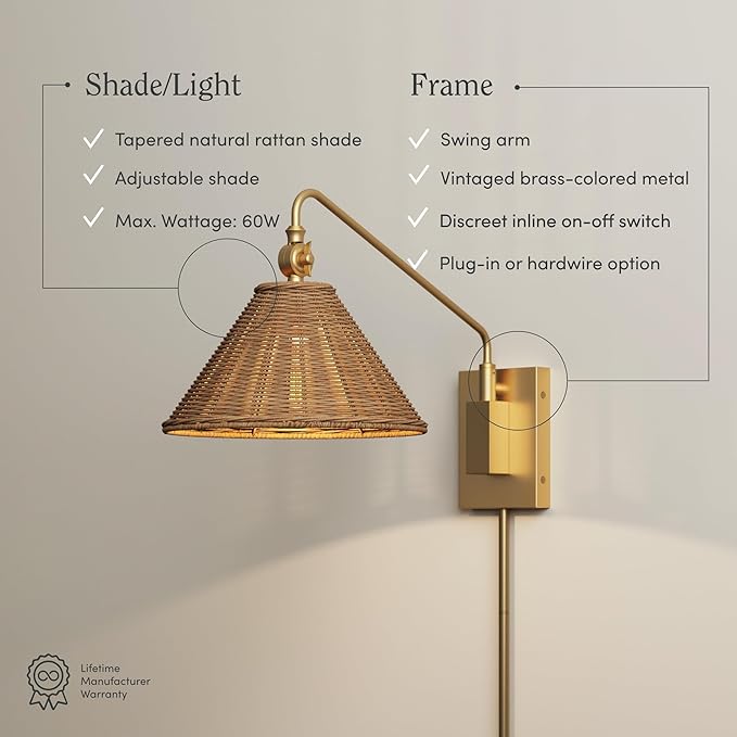 Nathan James Celeste Rattan Wall Light, Modern Farmhouse Wall Mounted Plug in Light, Wall Mount Reading Lamp for Bedside with Rattan Shade