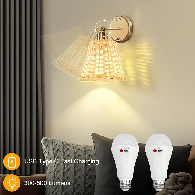 Frideko Rattan Rechargeable Battery Operated Wall Sconces Set of Two with Remote, 3 Colors Dimmable Wireless Wall Light, 5200mAh Indoor Wall Lamp with 4 Timer, Boho Sconces Wall Lighting for Bedroom