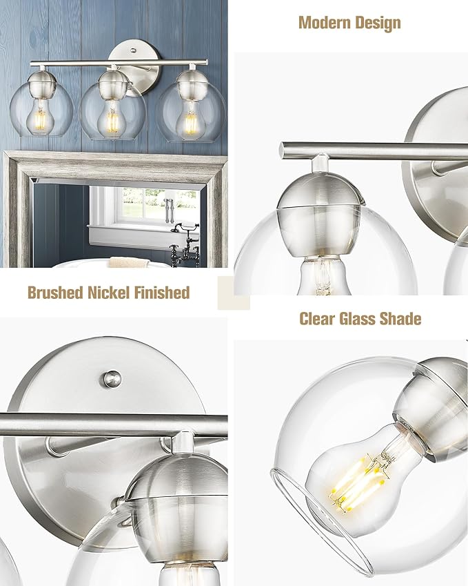 Emak Modern Brushed Nickel Bathroom Light Fixtures, 3-Light Globe Vanity Lights with Clear Glass Shade, VL114-BN-3