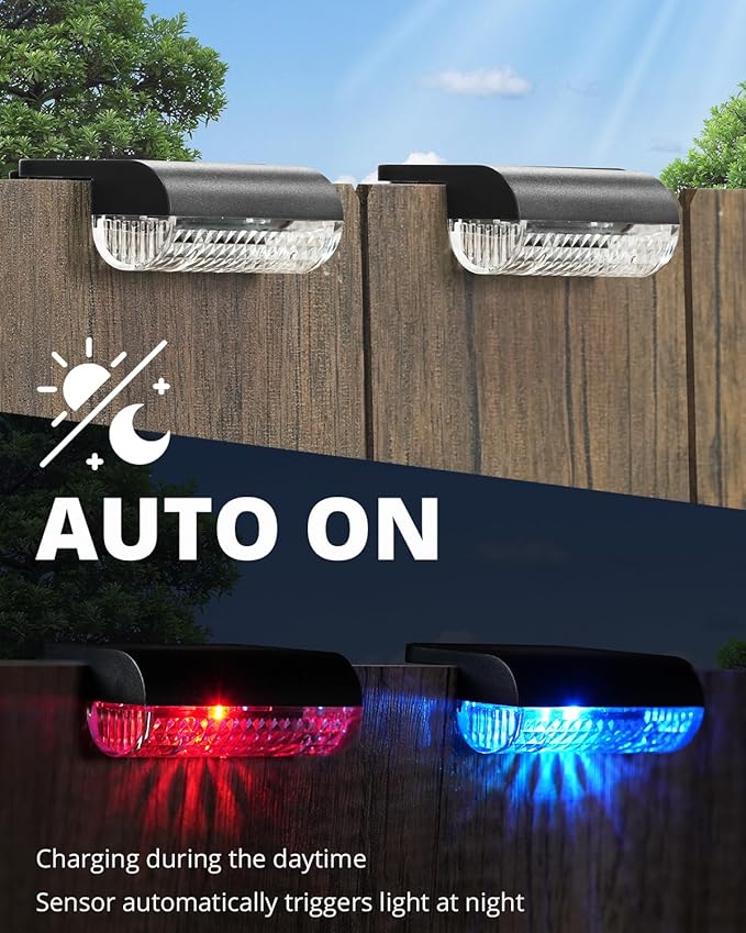 24 Pack Solar Fence Lights Outdoor RGB Solar Deck Lights Waterproof Led Step Lights for Outdoor Stairs, Auto Dusk-to-Dawn, Low Profile, for Vinyl Fence Railing Deck Patio Yard(Color Changing)