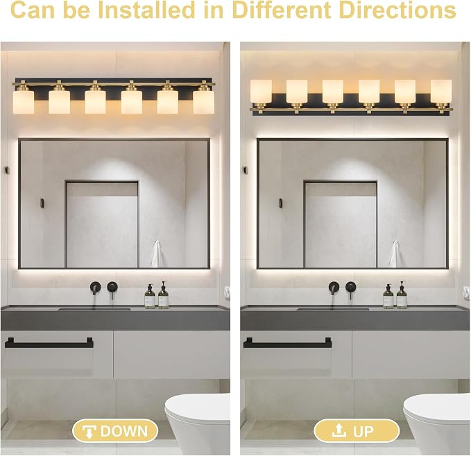 Modern Bathroom Light Fixtures Over Mirror, Vanity Lights for Bathroom Wall Sconces with Milky White Glass Shades, E26 Socket (Bulbs Not Included), 6 Light, Black Gold
