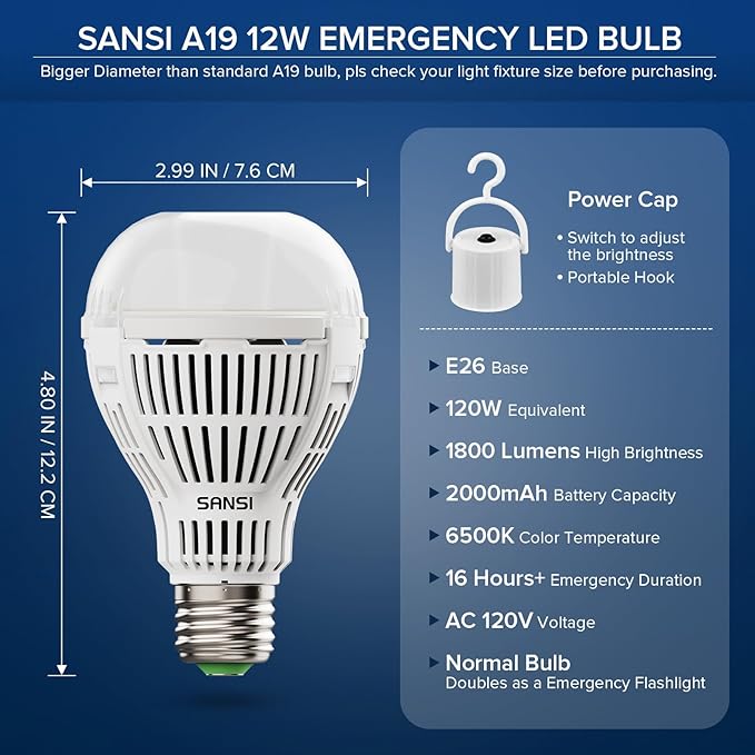 SANSI Rechargeable Emergency Light Bulb, Battery Powered 2000mAh A19 LED Light Bulb, 1800LM 6500K Cool White E26 120W Equiv. 12W Backup Light with Hook for Home Power Outage Camping