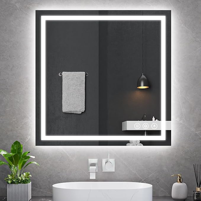 Simple Deluxe LED Bathroom Mirror 36x36 Inch Tempered Glass - Frameless LED Backlit Lighted Mirror for Bathroom Vanity with Anti-Fog, 3 Colors Dimmable, Memory Function, Wall-Mounted