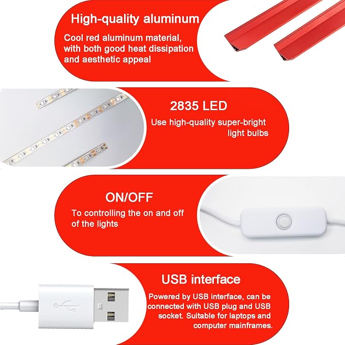 12 Inch 660nm Red Light Therapy LED Strip, USB 5V 2A Sleep Light Bar, Red LED Light for Bedroom, Monitor Backlight, TV Bias Lighting, Desk Ambient Night Light（2 Pack ）