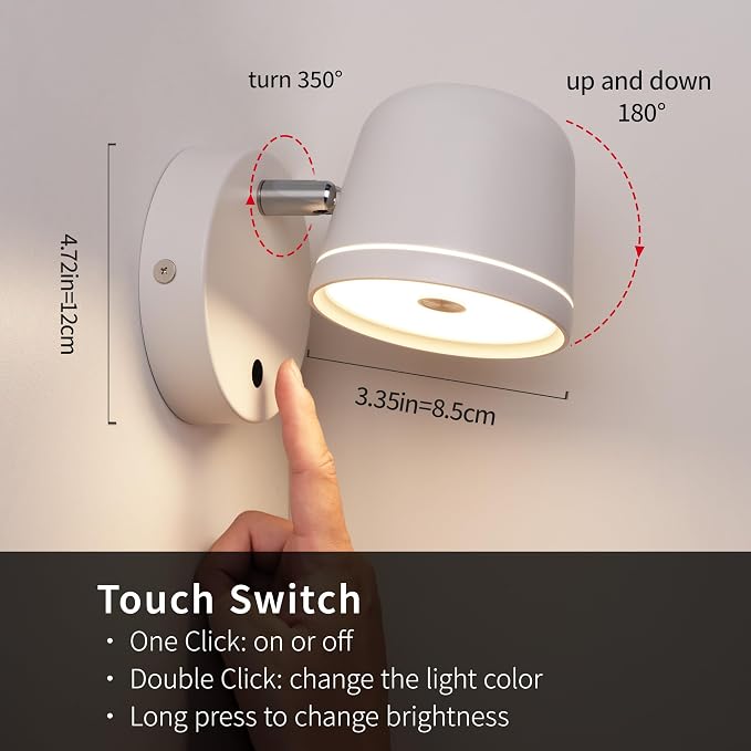 Aisilan Modern Wall Sconce LED Dimmable Wall Light with Switch Touch,12W Hard-Wired Wall Mounted Lamps for Bedside Hallway Living Room Bedroom CRI 97 （White）
