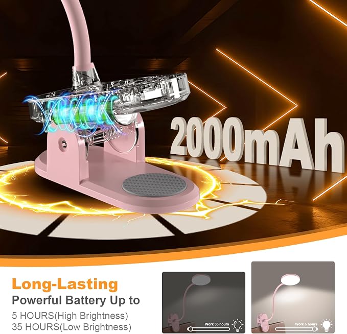 Rechargeable LED Desk Lamp with Clamp, Portable Clip on Light with 3 Color & 10 Brightness, Cordless Desk Light for Makeup Home Office Book Reading Crafting Sewing Drawing Knitting Puzzle (Pink/4.7'') | 10 Brightness Levels, Clamp Lamp with USB-C, 15.8...
