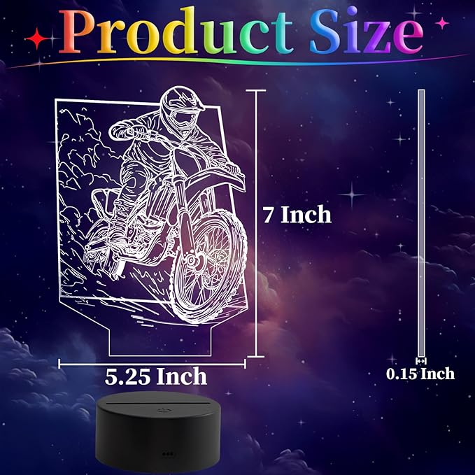 Dirt Bike Gift 3D Night Light, Illusion Night Lamp for Boys - Dirt Bike Themed Bedroom Lamps, Optical Illusion Lamp with Remote Control, Kids' Room Décor, Cool Gifts for Motorcycle Lovers