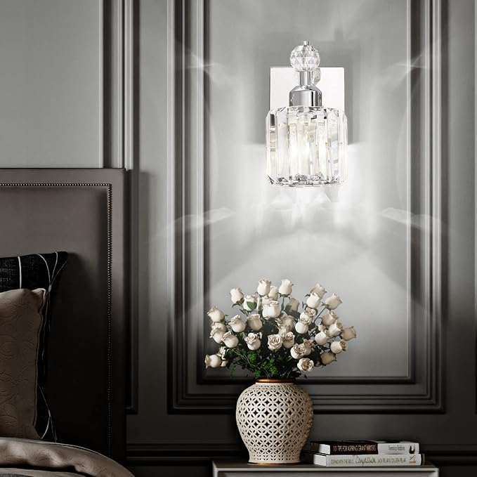 PRESDE Single Crystal Wall Sconce, Modern Chrome Vanity Light Fixture, 1-Light Wall Lamp for Bathroom Bedroom Hallway