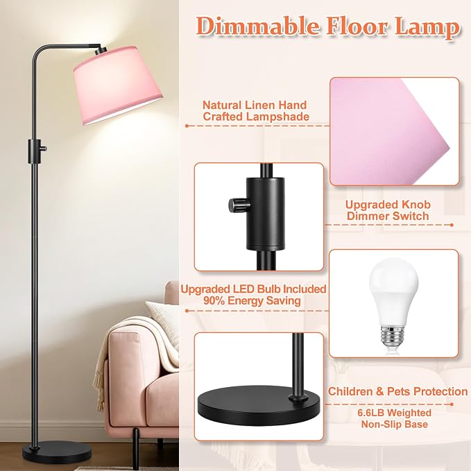 【Upgraded】 Dimmable Floor Lamp, 1000 Lumens LED Edison Bulb Included, Arc Black Floor Lamps for Living Room Modern Standing Lamp with Pink Shade, Tall Lamps for Living Room Bedroom Office Dining Room