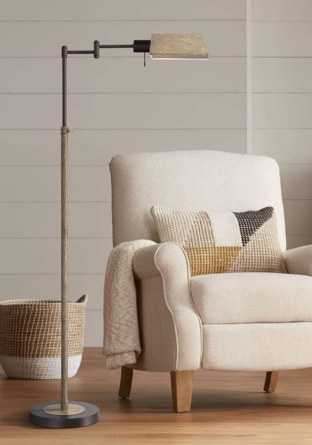 Jenson Bronze and Faux Wood Adjustable Swing Arm 54" Tall Floor Lamp | Rustic Farmhouse Industrial Pharmacy Standing Height Task Lighting for Cottage Core Living Room Reading House Bedroom