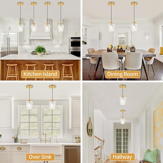 3 Pack Gold Pendant Lights Kitchen Island, Modern Hammered Glass Pendant Lighting Over Island, Hanging Kitchen Light Fixtures Over Sink Adjustable Mini Pendant Light for Bathroom Hallway Dining Room