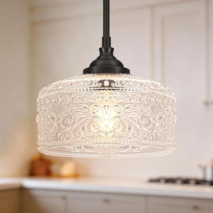 Daunton Black Vintage Pendant Lights Kitchen Island with Glass Over Sink | Adjustable Height Kitchen Light Pendant,Bathroom Pendant Light,Dual Mount Ceiling & Hanging Fixtures, 90° Swivel for Home