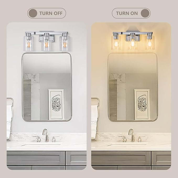 3-Light Bathroom Light Fixtures with Clear Glass, Chrome | Vanity Lights, Modern Wall Sconces, Over Mirror for Bathroom, Powder Room, Living Room