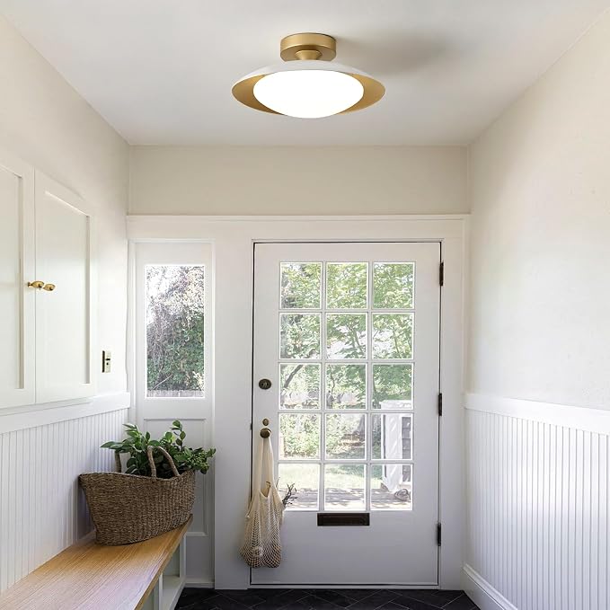 Dimmable Modern Mid-Century LED Ceiling Light, White and Gold, 12.6 Inch | Semi Flush Mount Ceiling Light, 5CCT 2700K-6000K Lighting Fixture Ceiling Lamp with Glass Shade for Bedroom Hallway Kitchen