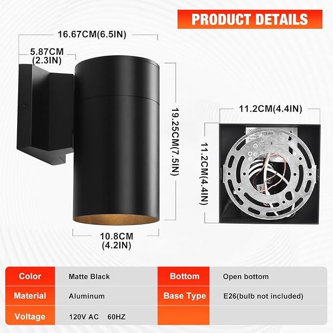 QQCherry 2 Pack Modern Outdoor Wall Light - Aluminum Outdoor Porch Sconce for House, Patio, Garage, Doorway & Entryway - Stylish Waterproof Exterior Lighting for Outside(Black,E26)