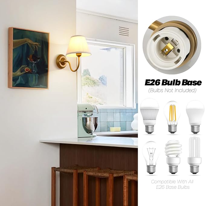 Vintage Curved Arm Fabric Wall Sconce with Linen Cloth Shade, Hardwired Indoor Single Sconce Light Wall Mounted Lamp for Bedroom Living Room Stairs Hallway