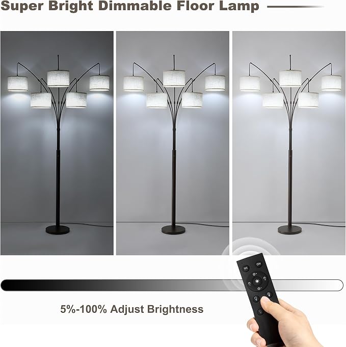 Dimmable Floor Lamp - Arc Floor Lamps for Living Room, 4000LM Super Bright Modern Tall Standing Lamp with Black Shades & Heavy Base, Mid Century Tree Floor Lamp for Bedroom Office