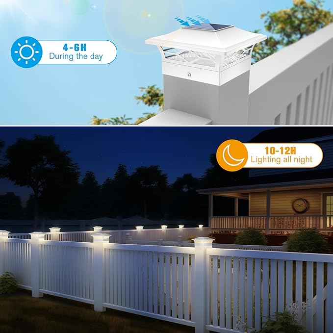 Solar Fence Post Lights 6pack, Cap Lights for 4x4/5x5 Vinyl Fence and 4x4/6x6 Wooden Post, Warm White/Cool White Lighting, White Solar Cap Outdoor Waterproof Decorate Garden Pathway Deck Patio